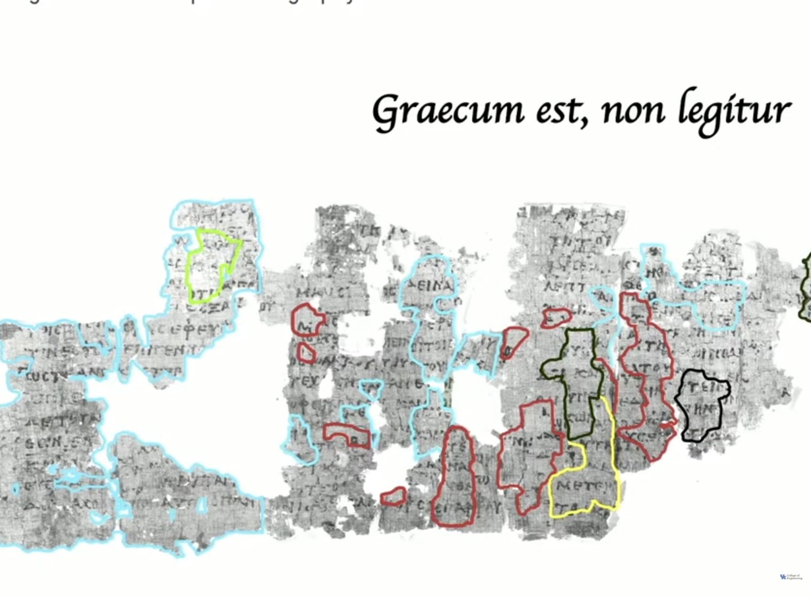 A lecture slide: the fragments of a scroll outlined in coloured shapes, under the heading Graecum est, non legitur