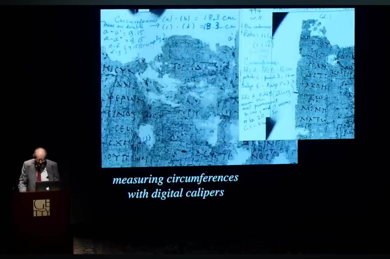 Slide: a speaker at a podium beside a fragment and handwritten notes, measuring circumferences with digital calipers