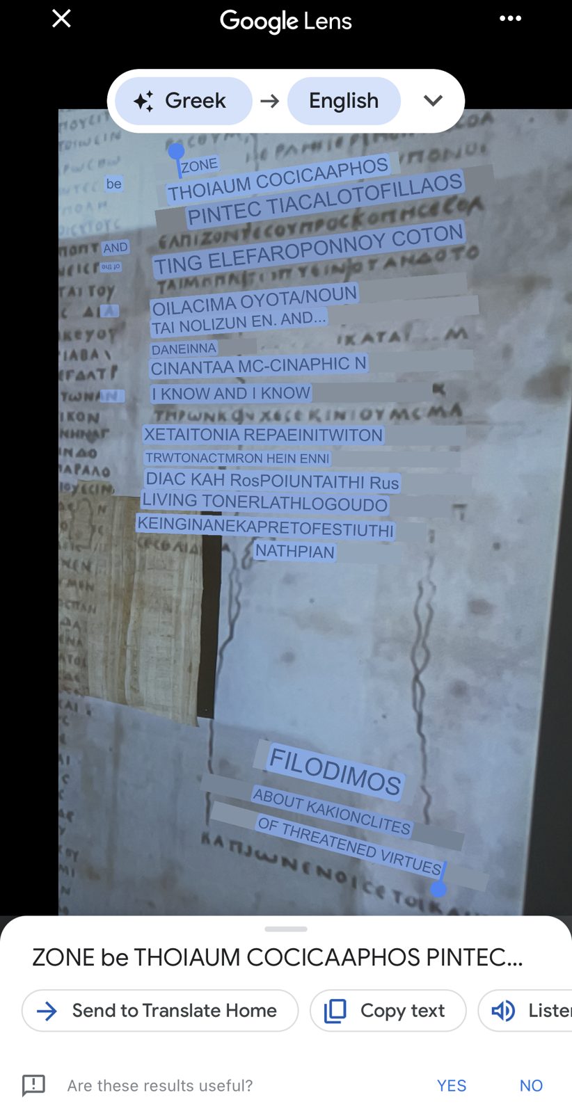 Google Lens translating the same drawing: ZONE be THOIAUM COCICAAPHOS... FILODIMOS ABOUT KAKIONCLITES OF THREATENED VIRTUES
